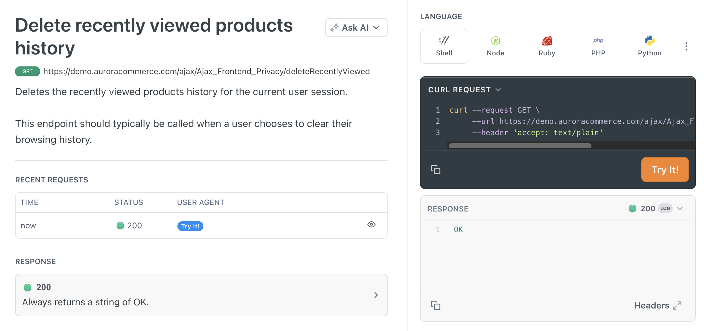 Aurora Commerce API Documentation Interface